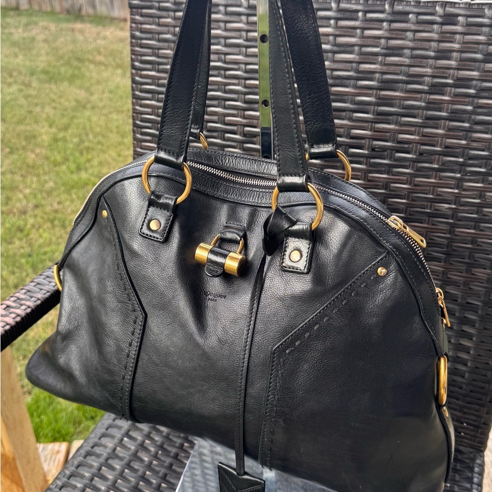 YSL Yves Saint Laurent Black Leather Bag with Gold Hardware Lock and Key